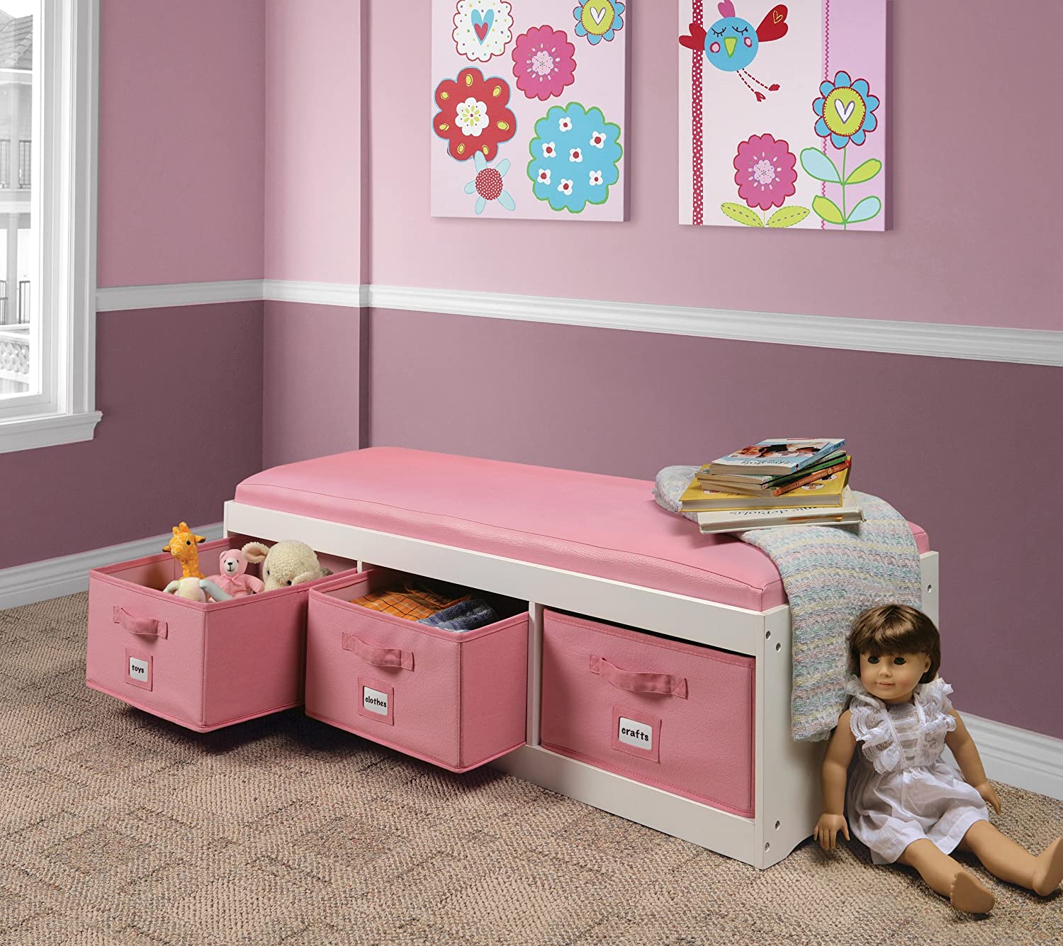 A storage bench provides extra seating in your kids room