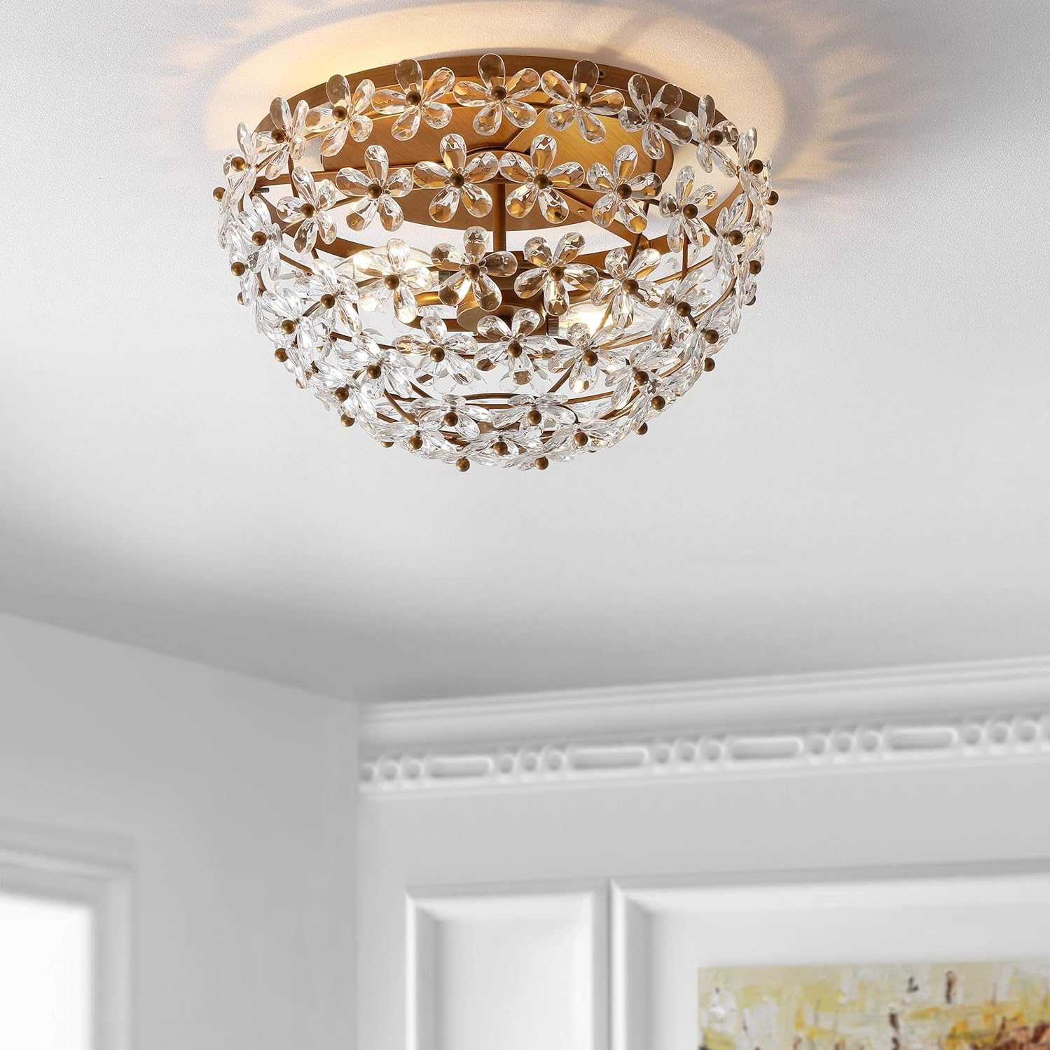 A flush mount chandelier for a low height ceiling 