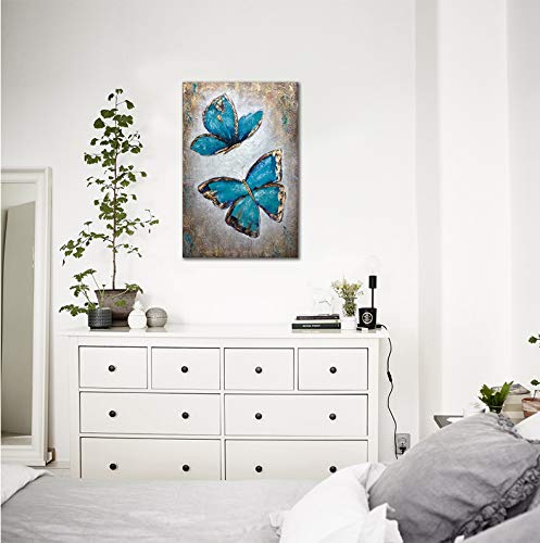 Hand Painted Adorable Butterfly Oil Paintings - Teal Blue and Gold